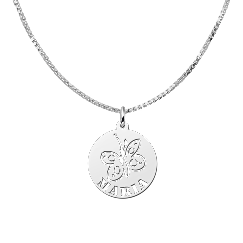 Round Silver Pendant with Butterfly and Name