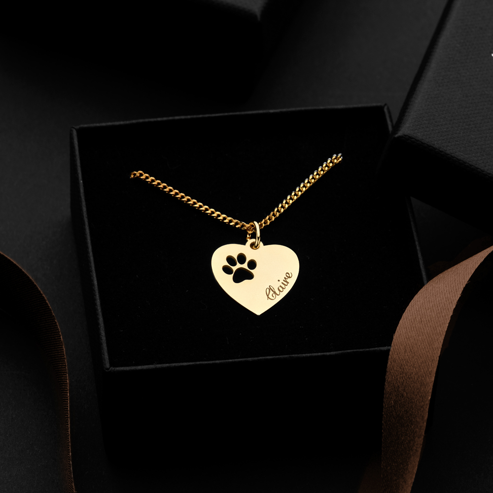 Gold Engraved kids heart nametag paw