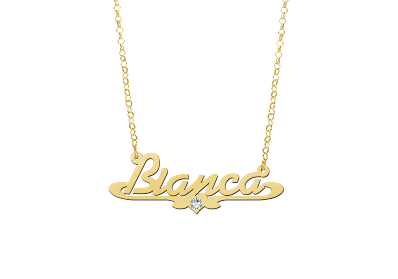 Gold name necklace, model Bianca with Zircon