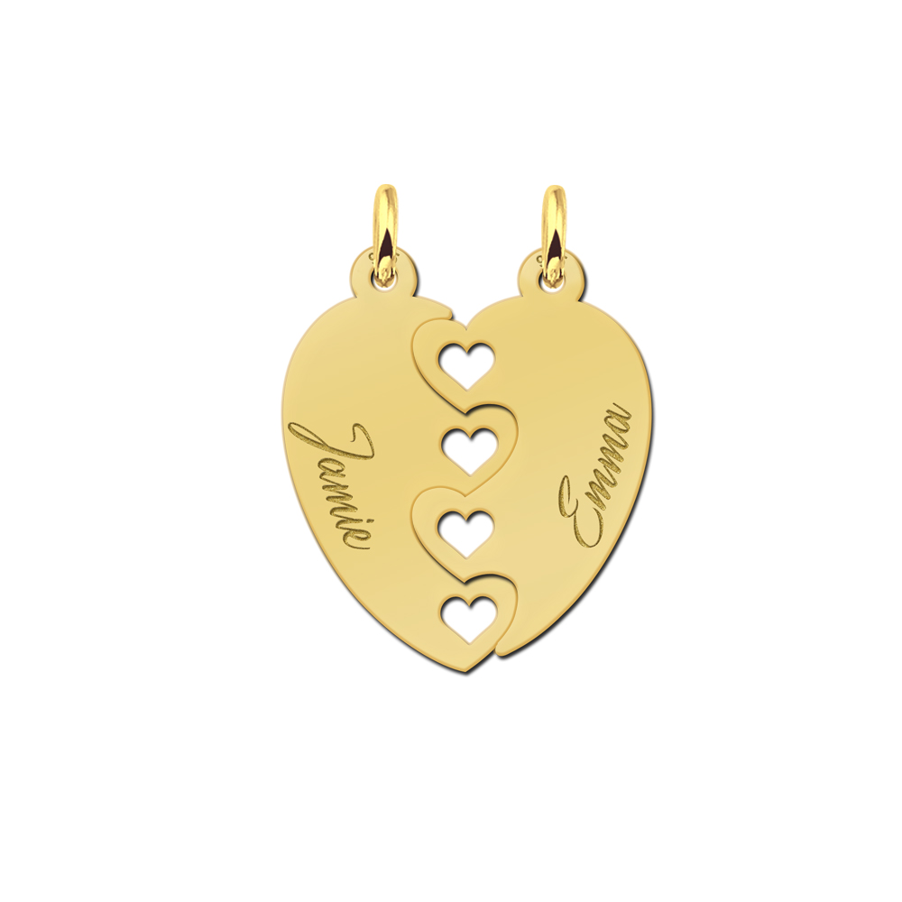 Gold plated breakable heart pendant with cut-out hearts and names