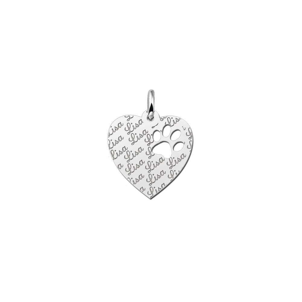 Silver engraved kids heart nametag repeat paw