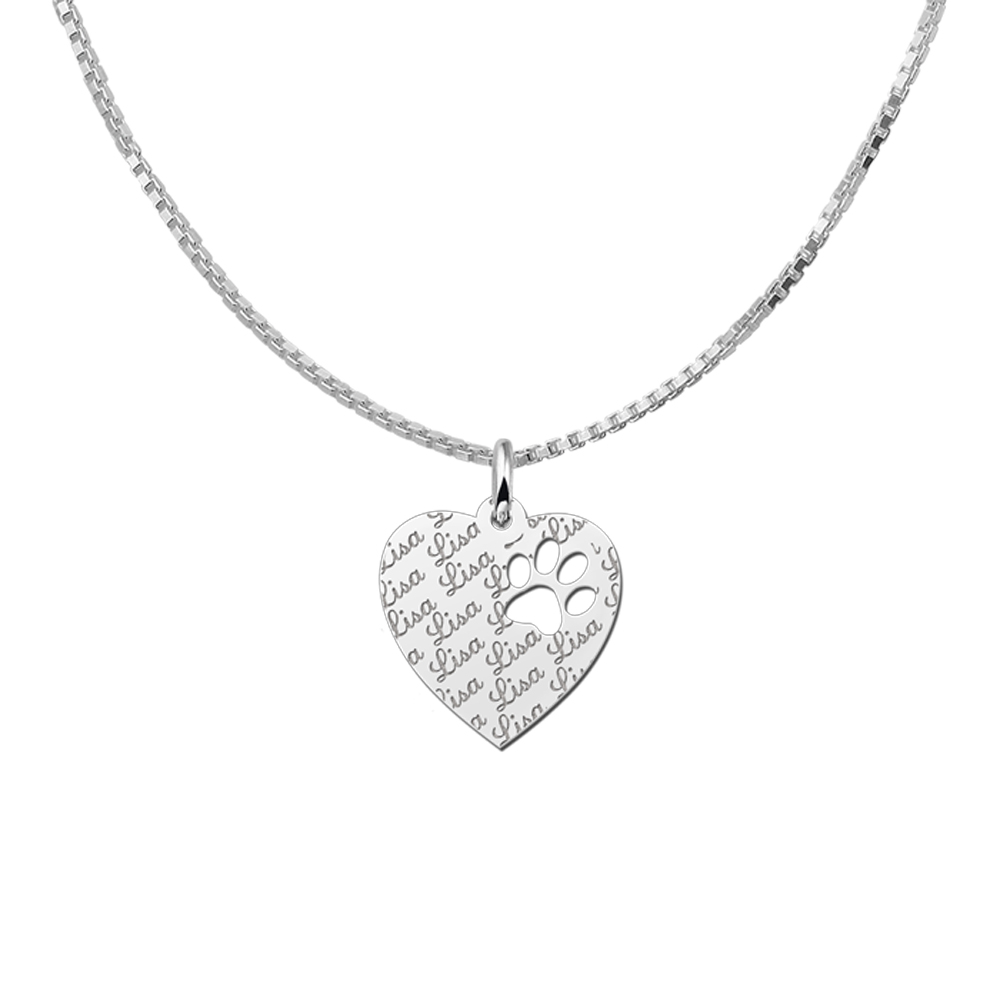 Silver engraved kids heart nametag repeat paw