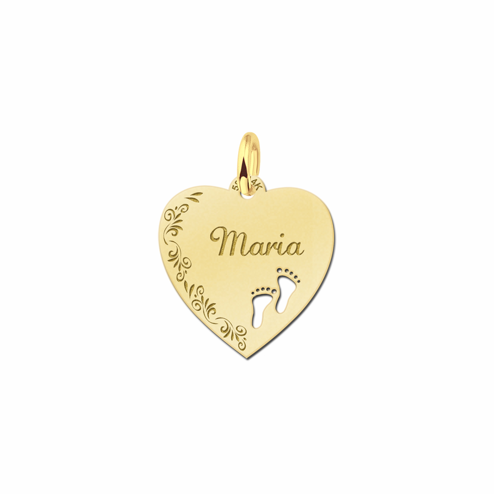 Silver engraved heart nametag flower design feet