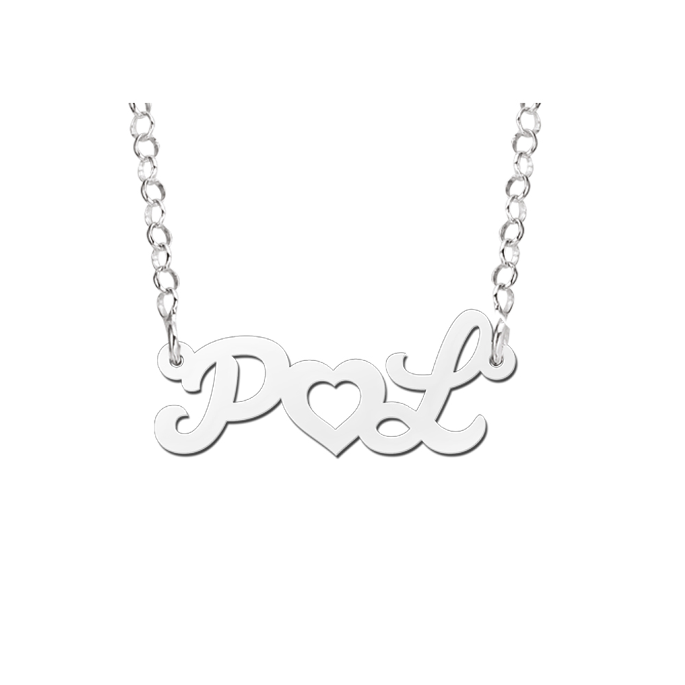 Silver name necklace, initials with heart