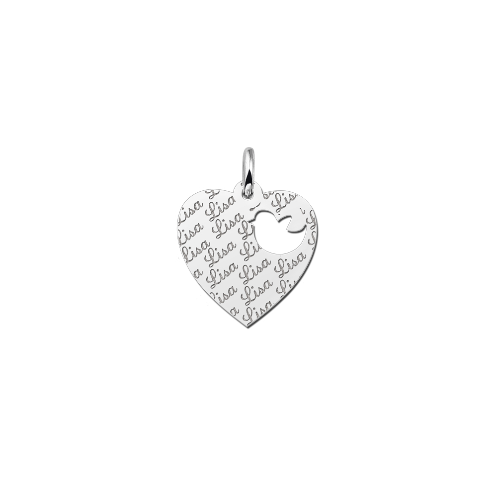 Silver engraved kids heart nametag repeat bird