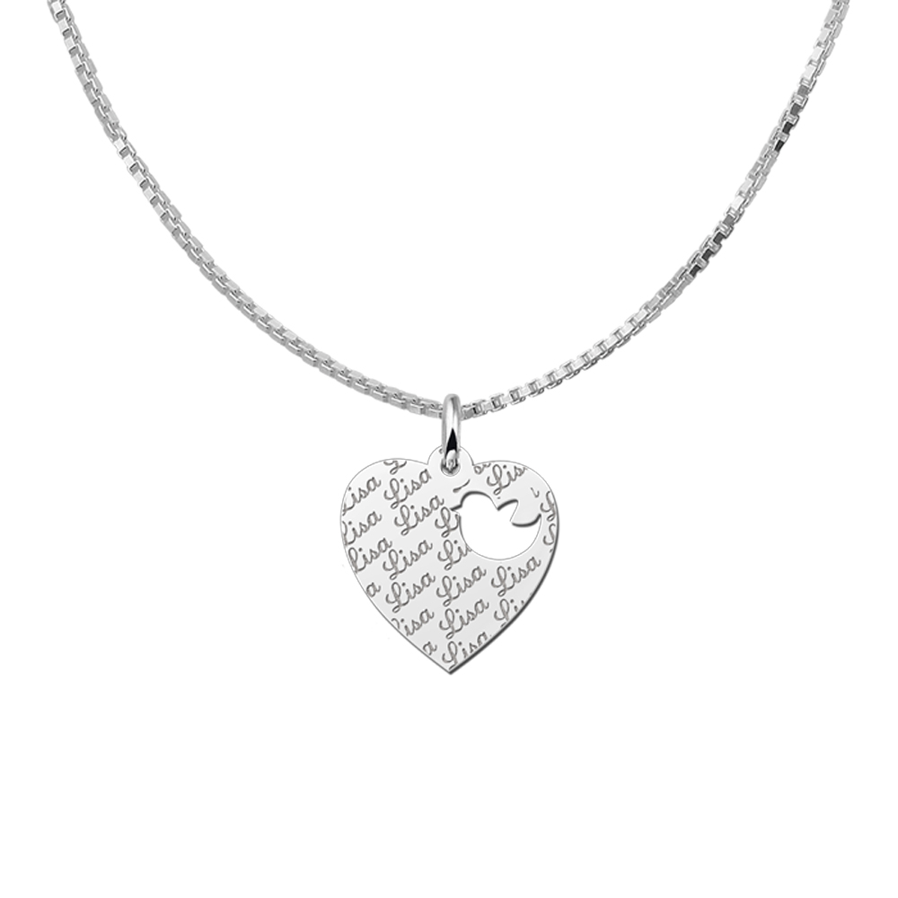 Silver engraved kids heart nametag repeat bird
