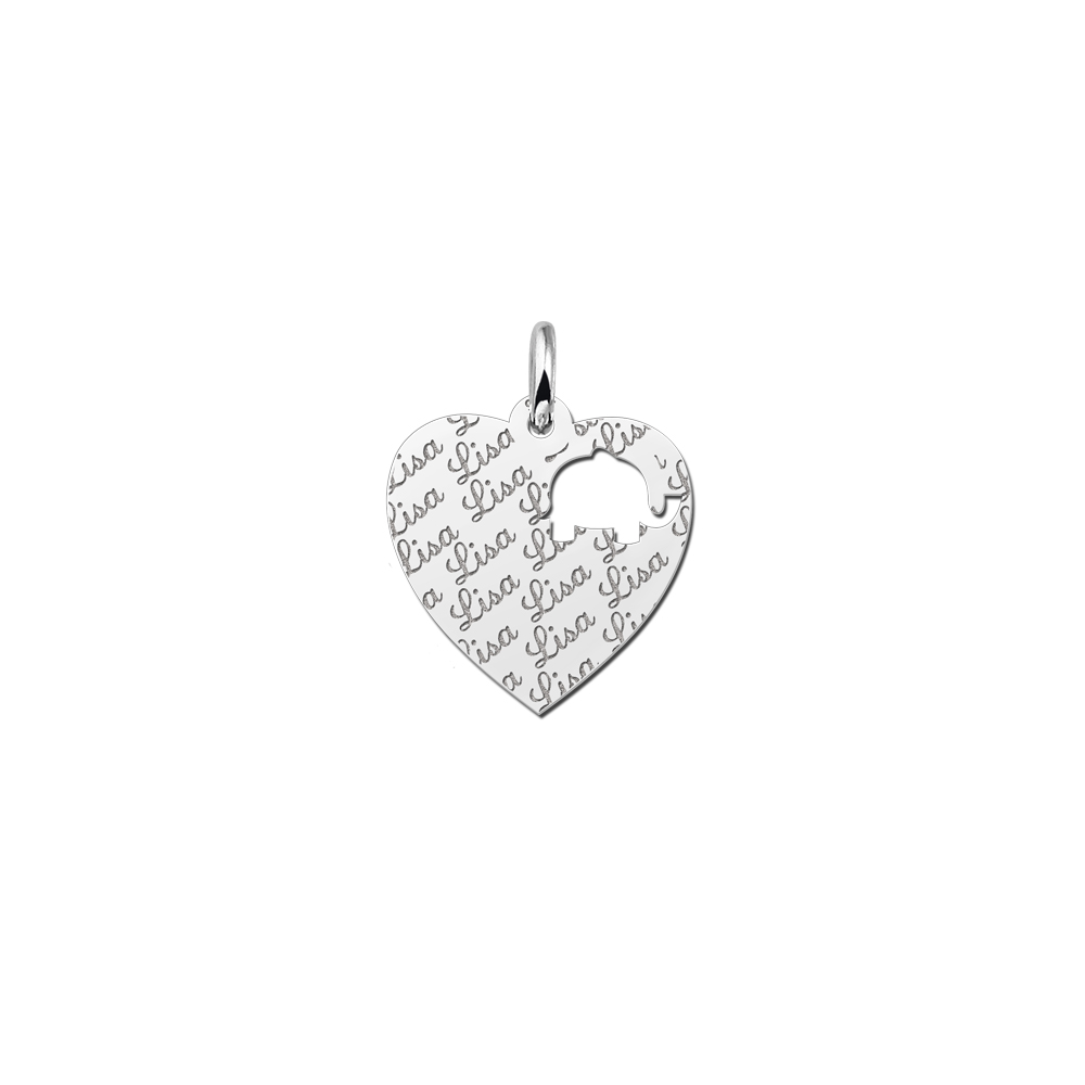 Silver engraved kids heart nametag repeat elephant