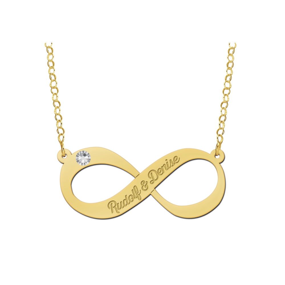 Gold infinity necklace with zirconia and two engraved names