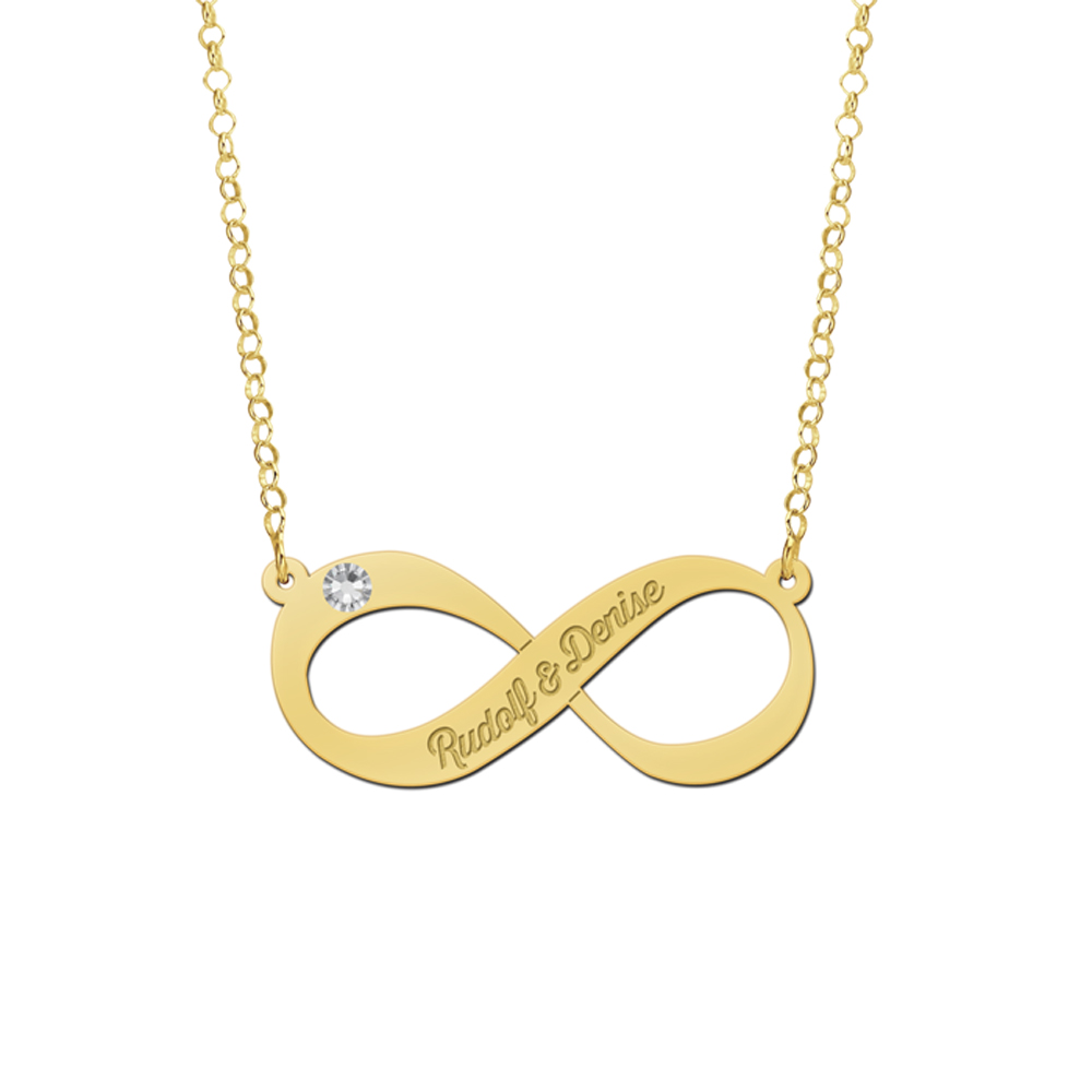 Gold infinity necklace with zirconia and two engraved names
