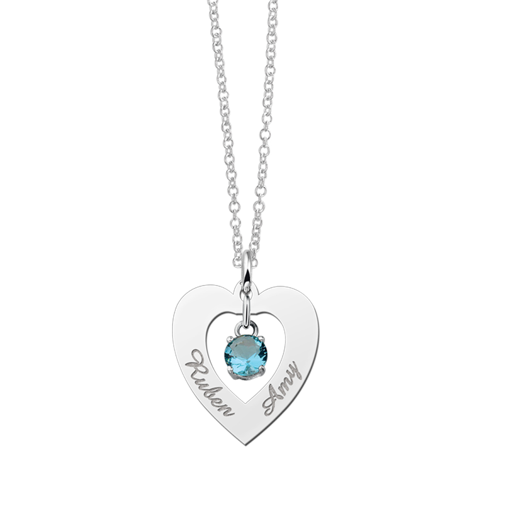 Silver pendant heart 2 names cubic zirconia