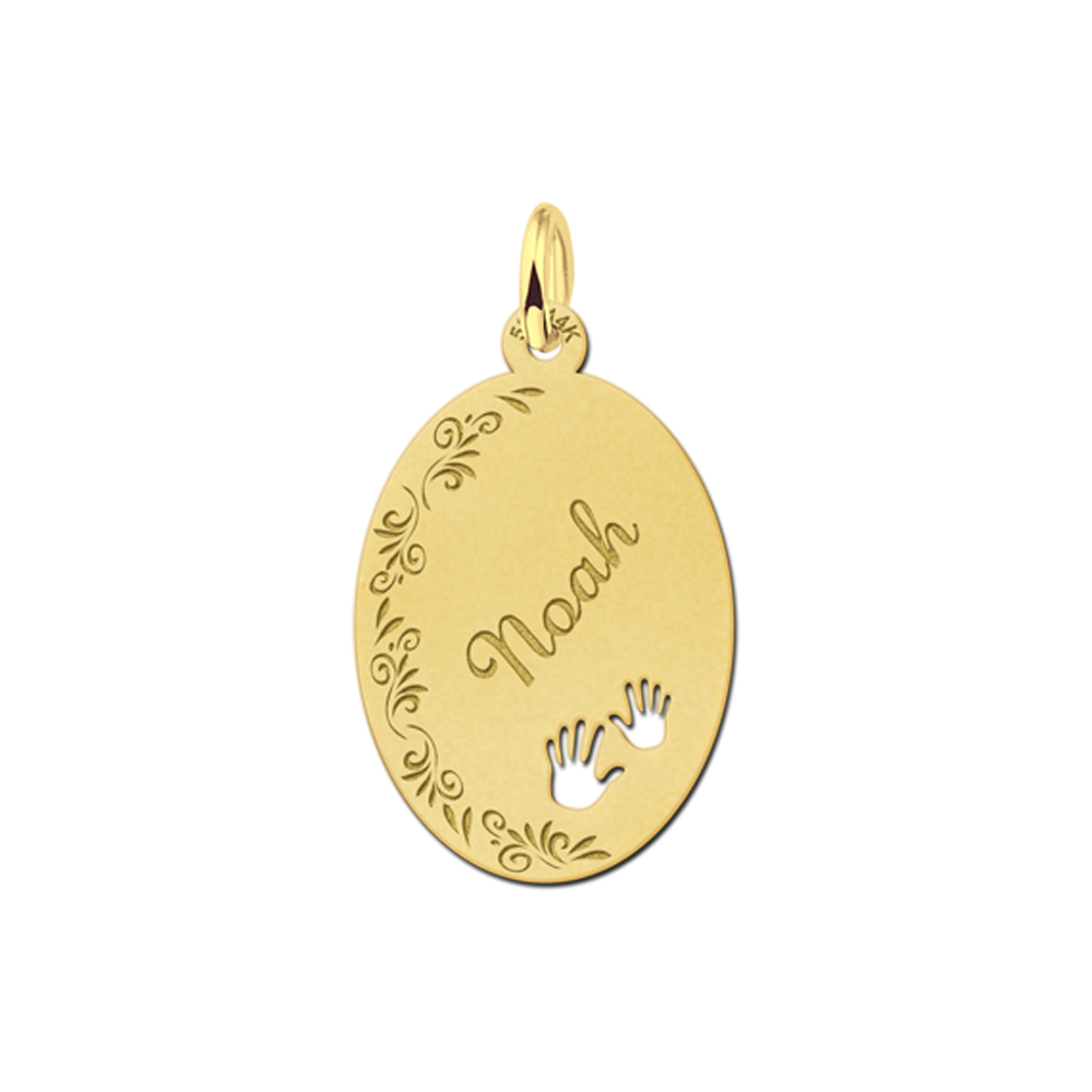 Golden Oval Pendant with Name, Flowers and Hands Large