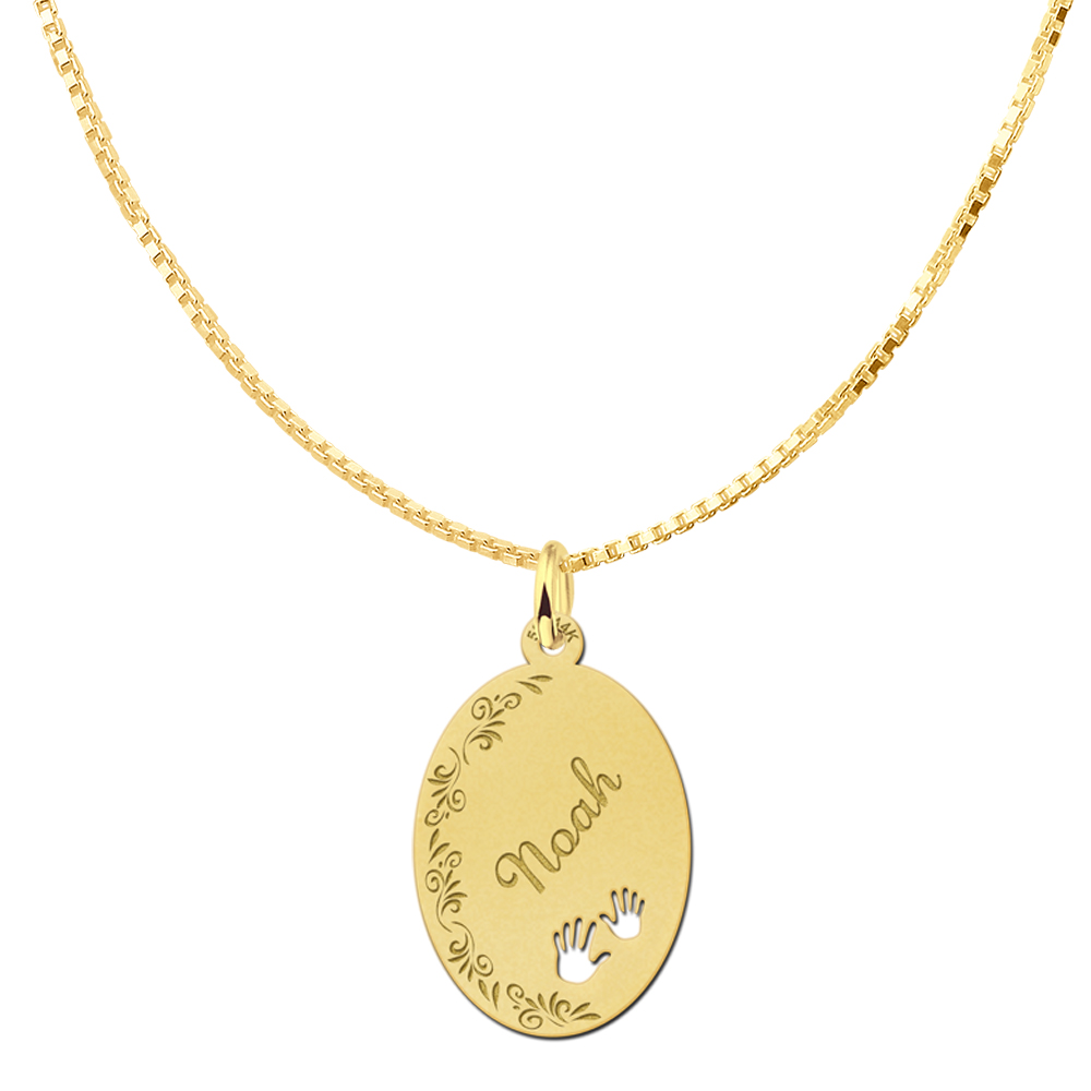Golden Oval Pendant with Name, Flowers and Hands Large
