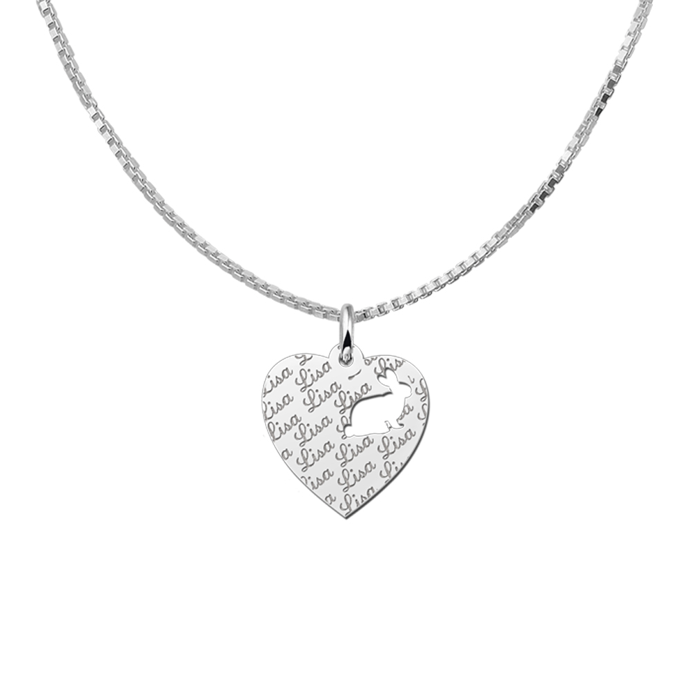 Silver engraved kids heart nametag repeat rabbit
