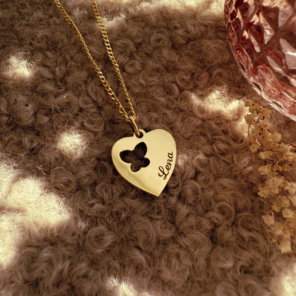 Silver engraved kids heart nametag butterfly
