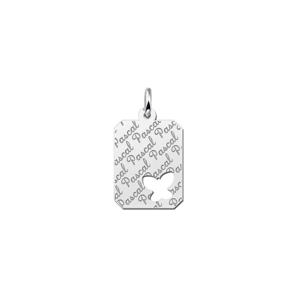 Silver engraved kids rectangle nametag repeat butterfly