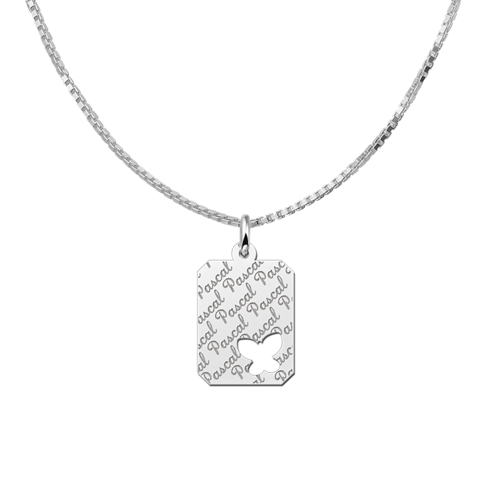 Silver engraved kids rectangle nametag repeat butterfly