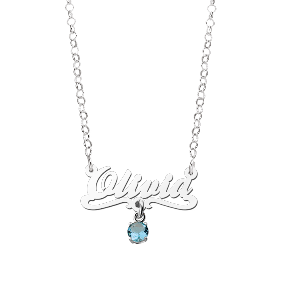 Silver child’s name necklace, model Olivia blue
