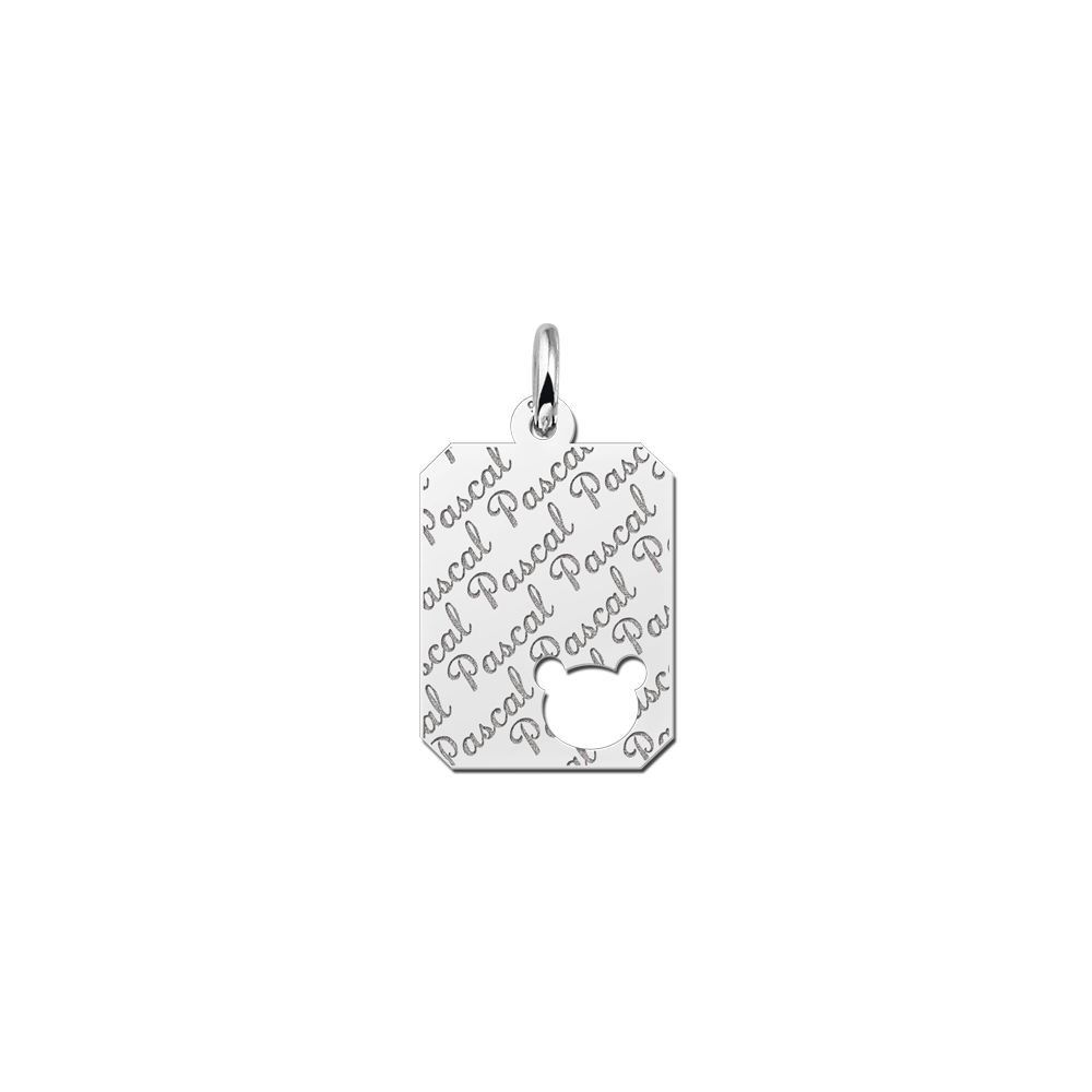 Silver engraved kids rectangle nametag repeat bearhead