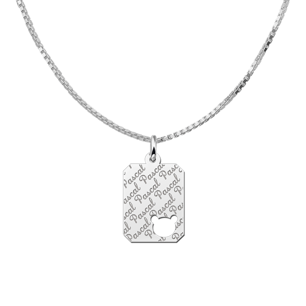 Silver engraved kids rectangle nametag repeat bearhead
