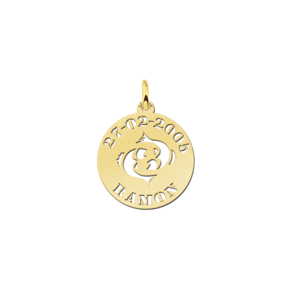 golden zodiac round namependant Pisces