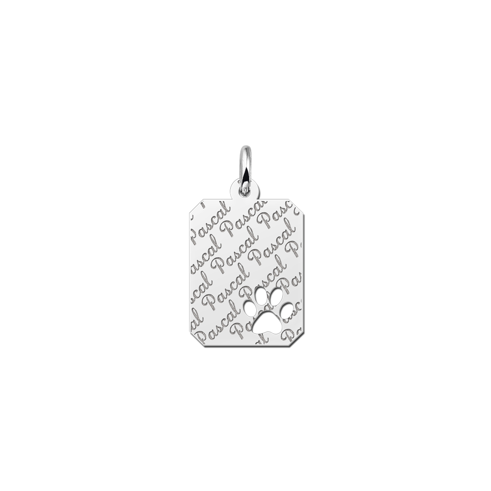 Silver engraved kids rectangle nametag repeat paw