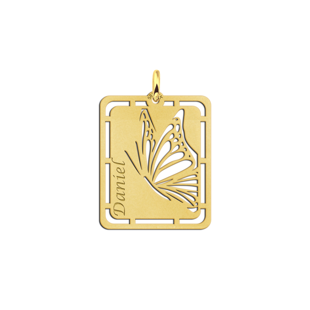 Gold pendant with butterfly and name engraving