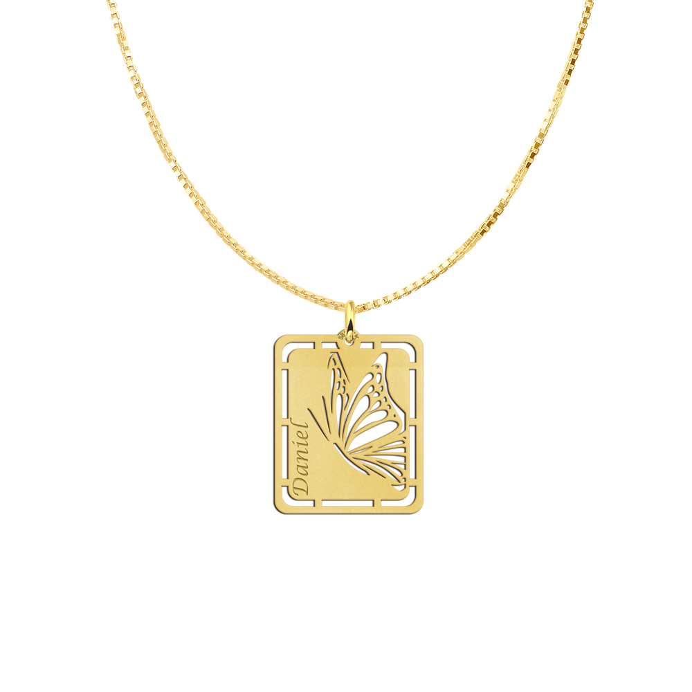 Gold pendant with butterfly and name engraving