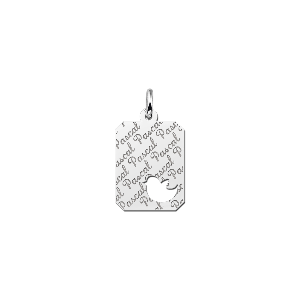 Silver engraved kids rectangle nametag repeat bird