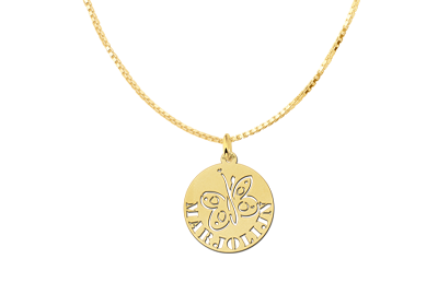 Round Gold Pendant with Butterfly and Name