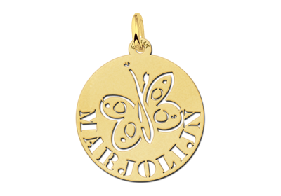 Round Gold Pendant with Butterfly and Name