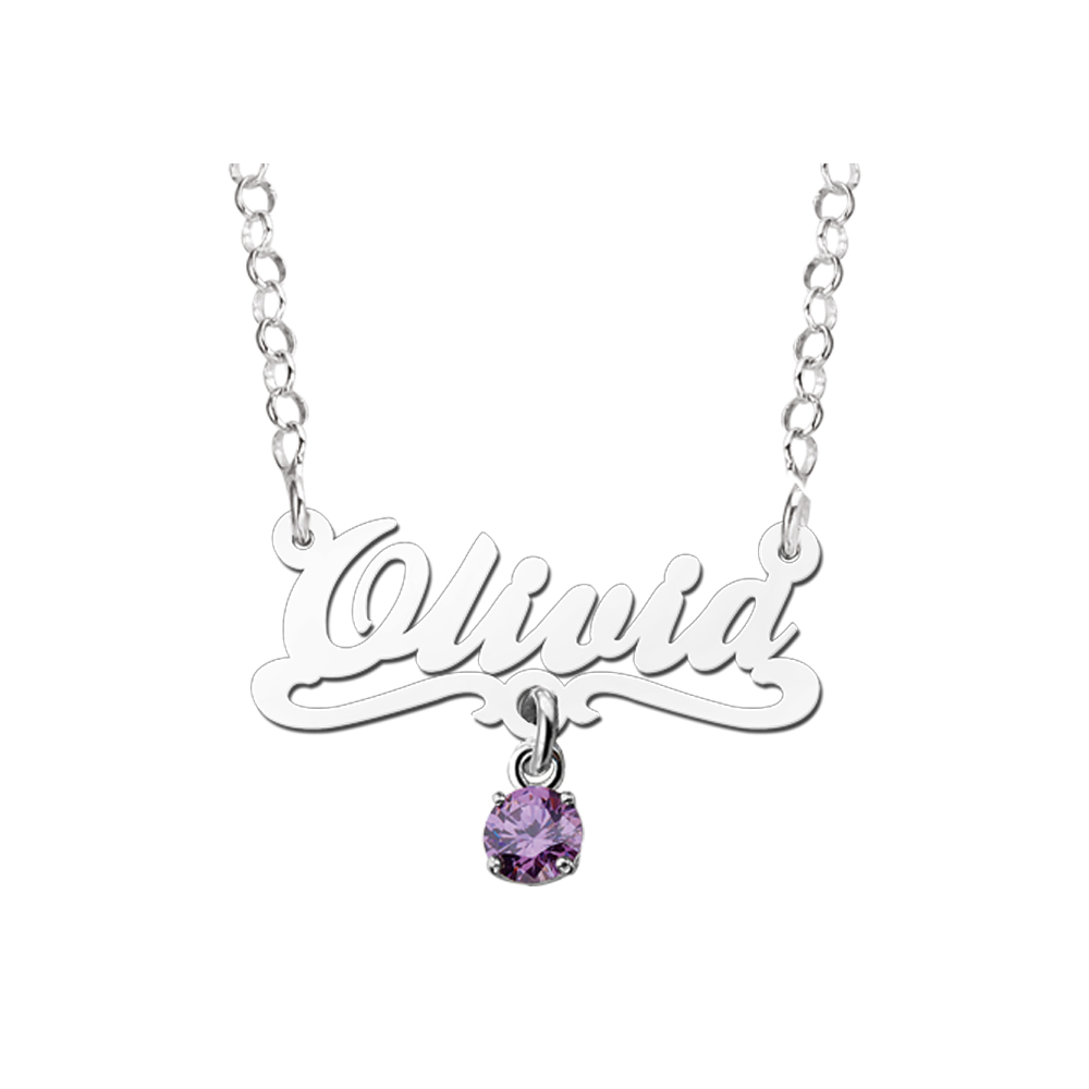 Silver child’s name necklace, model Olivia purple