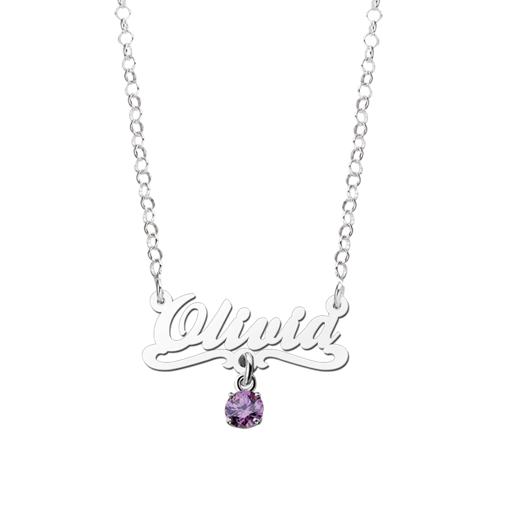Silver child’s name necklace, model Olivia purple