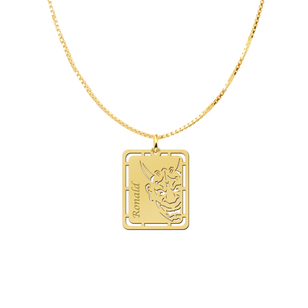 Gold pendant with Japanese mask and name engraving