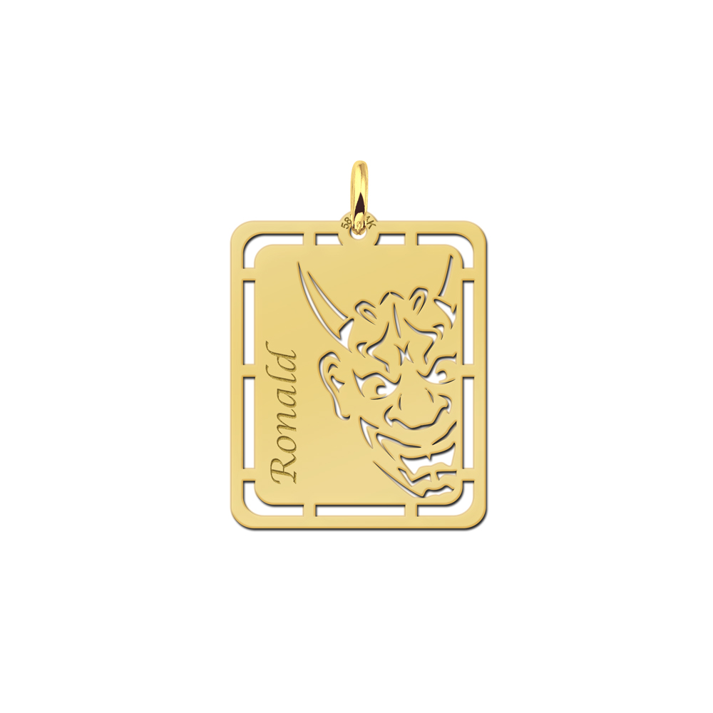 Gold pendant with Japanese mask and name engraving