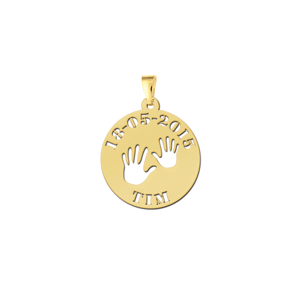 Gold plated baby pendant hands with name and date