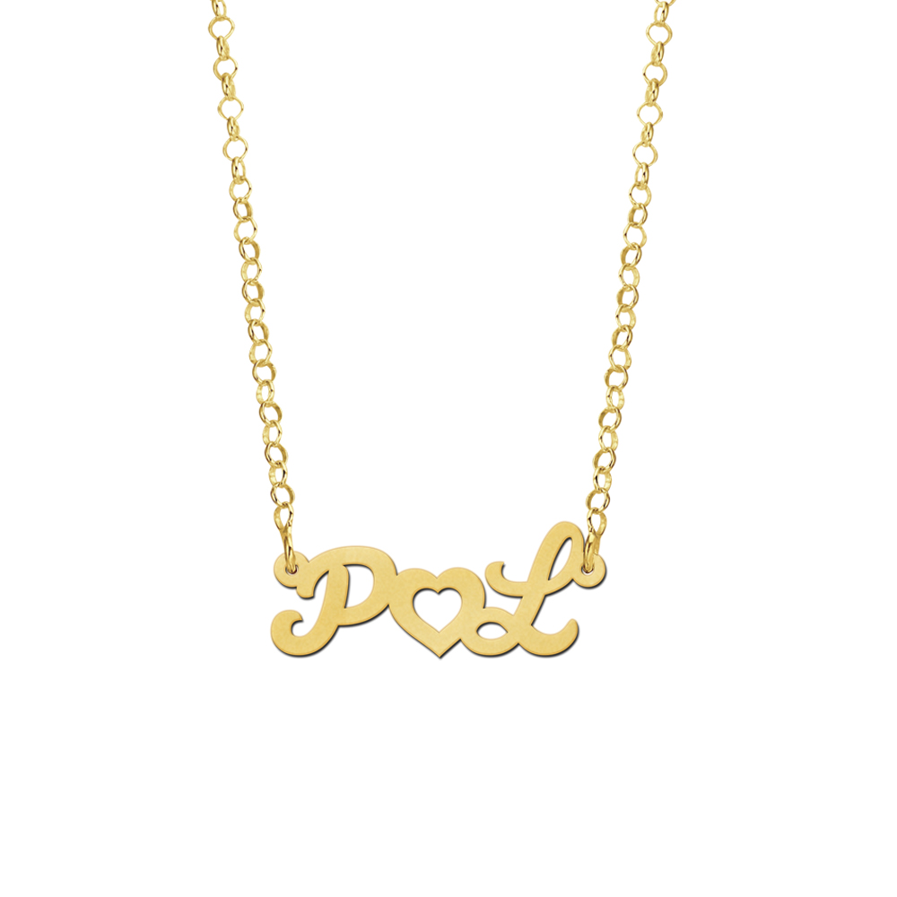 Gold name necklace, initials with heart