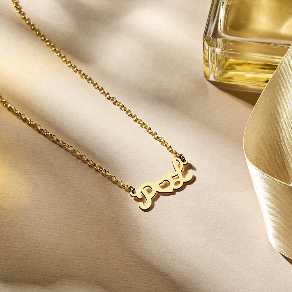 Gold name necklace, initials with heart