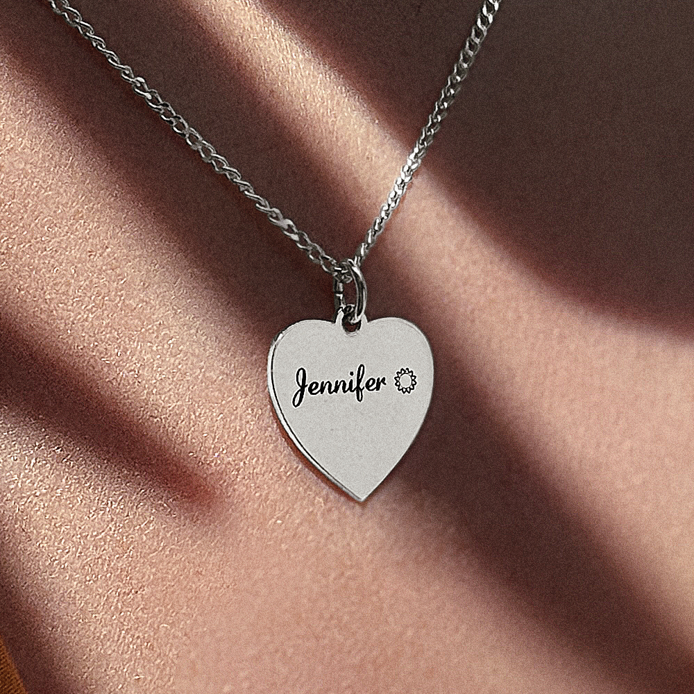 Silver engraved heart nametag