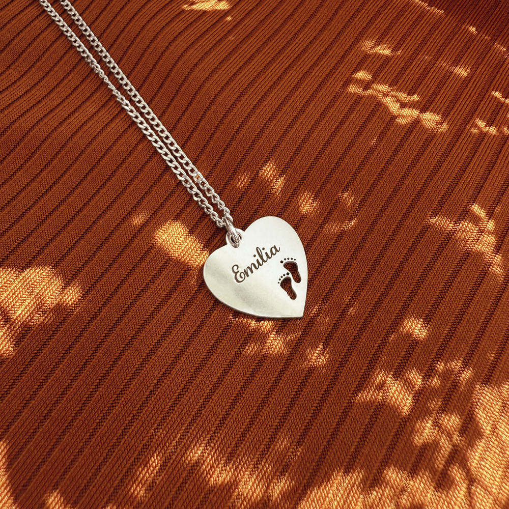 Silver engraved heart nametag feet