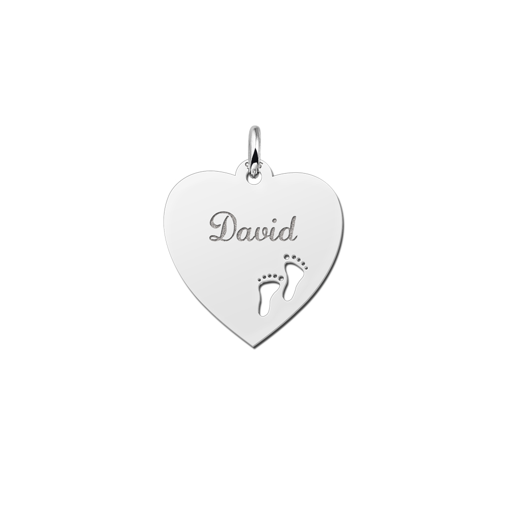 Silver engraved heart nametag feet