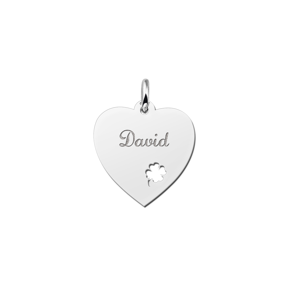 Silver engraved heart nametag 4leafclover