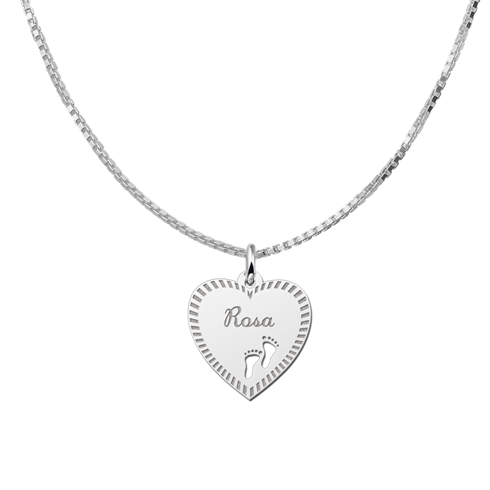 Silver engraved heart nametag design feet