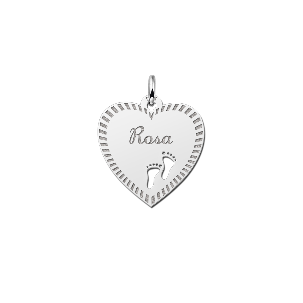 Silver engraved heart nametag design feet