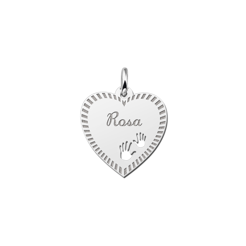Silver engraved heart nametag design hands