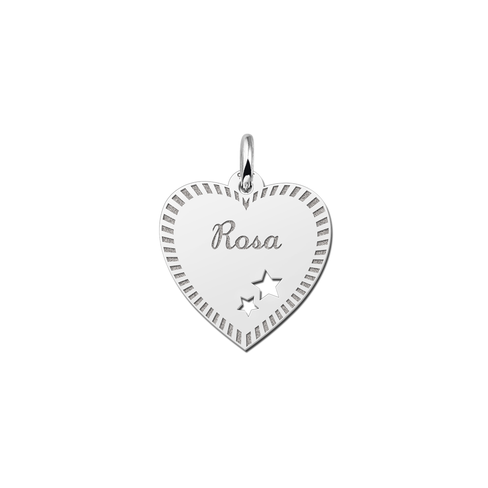 Silver engraved nametag heart design stars
