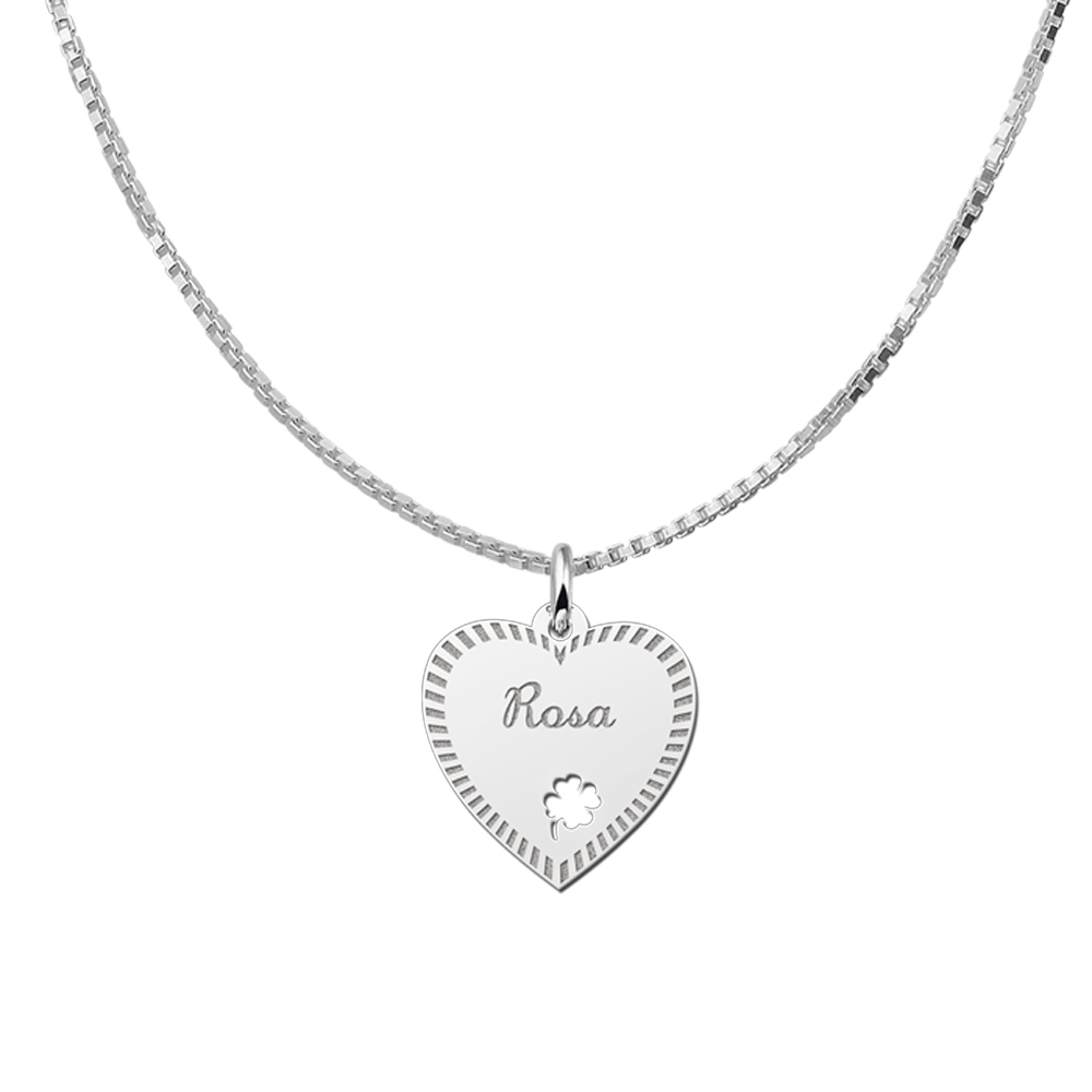Silver engraved heart nametag design 4leafclover