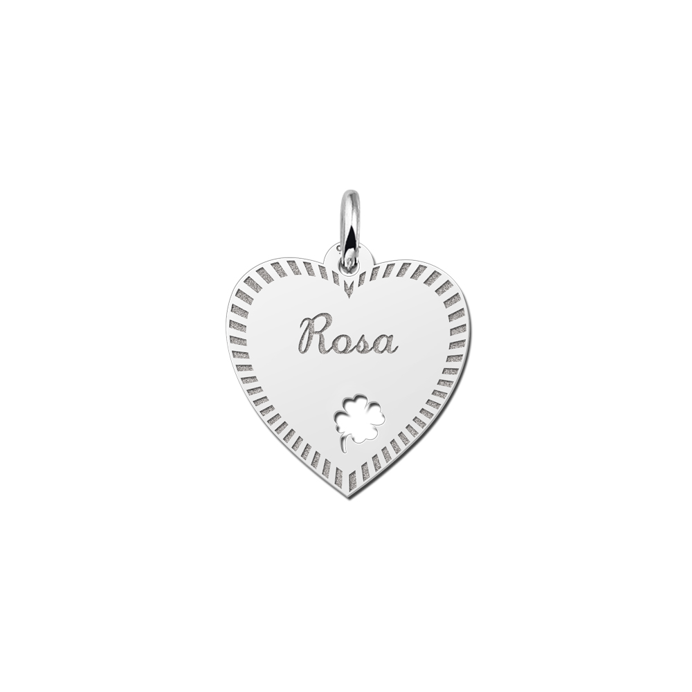 Silver engraved heart nametag design 4leafclover