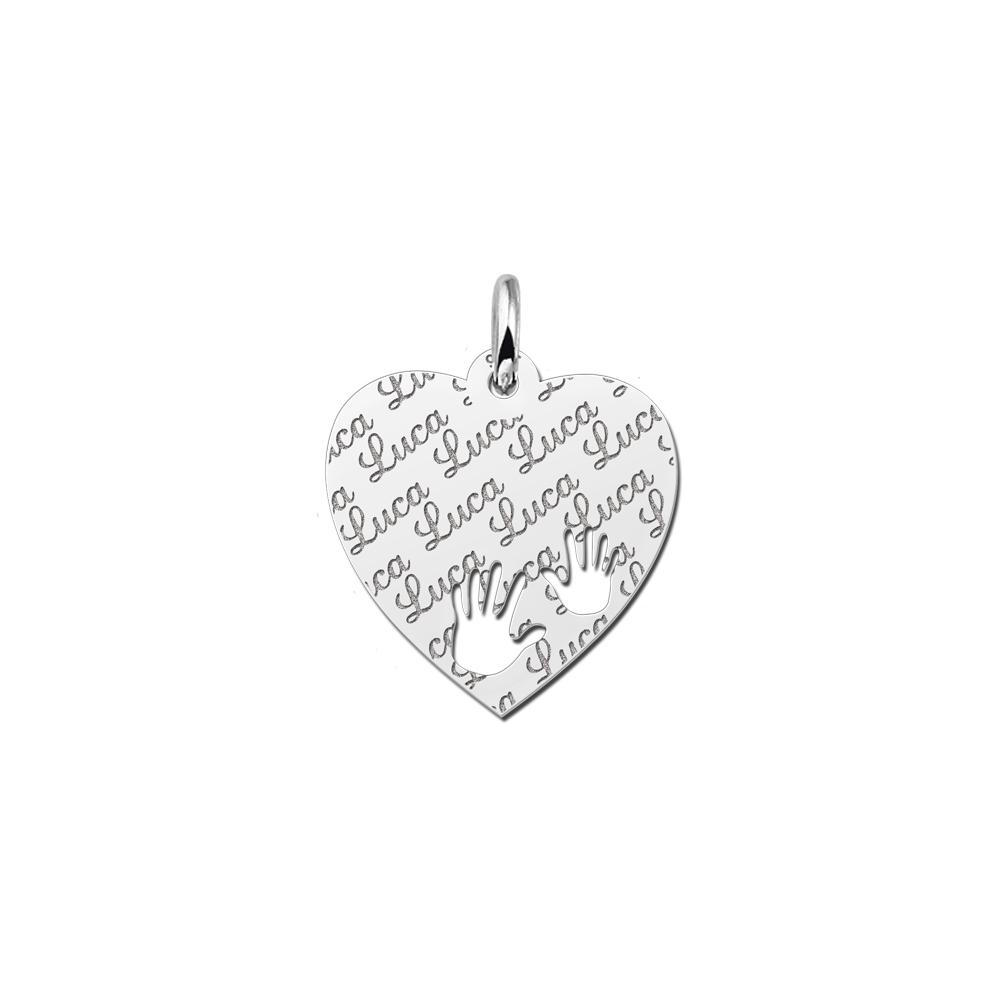 Silver heart nametag repeat engraving hands