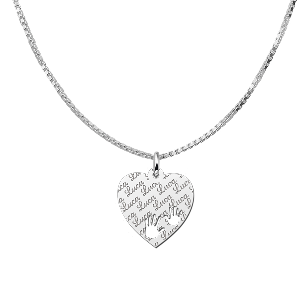 Silver heart nametag repeat engraving hands