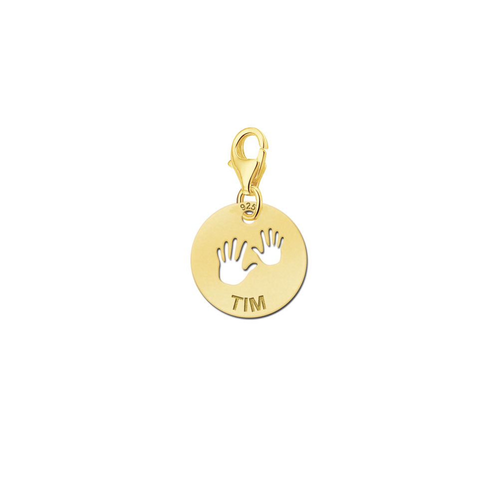 Gold plated baby charm with little hands and name